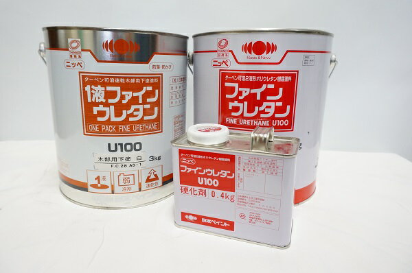 即日発送【最適な木部塗装セット】《1液ファインウレタンU100木部用下塗り・白色3kg＋ファインウレタン..