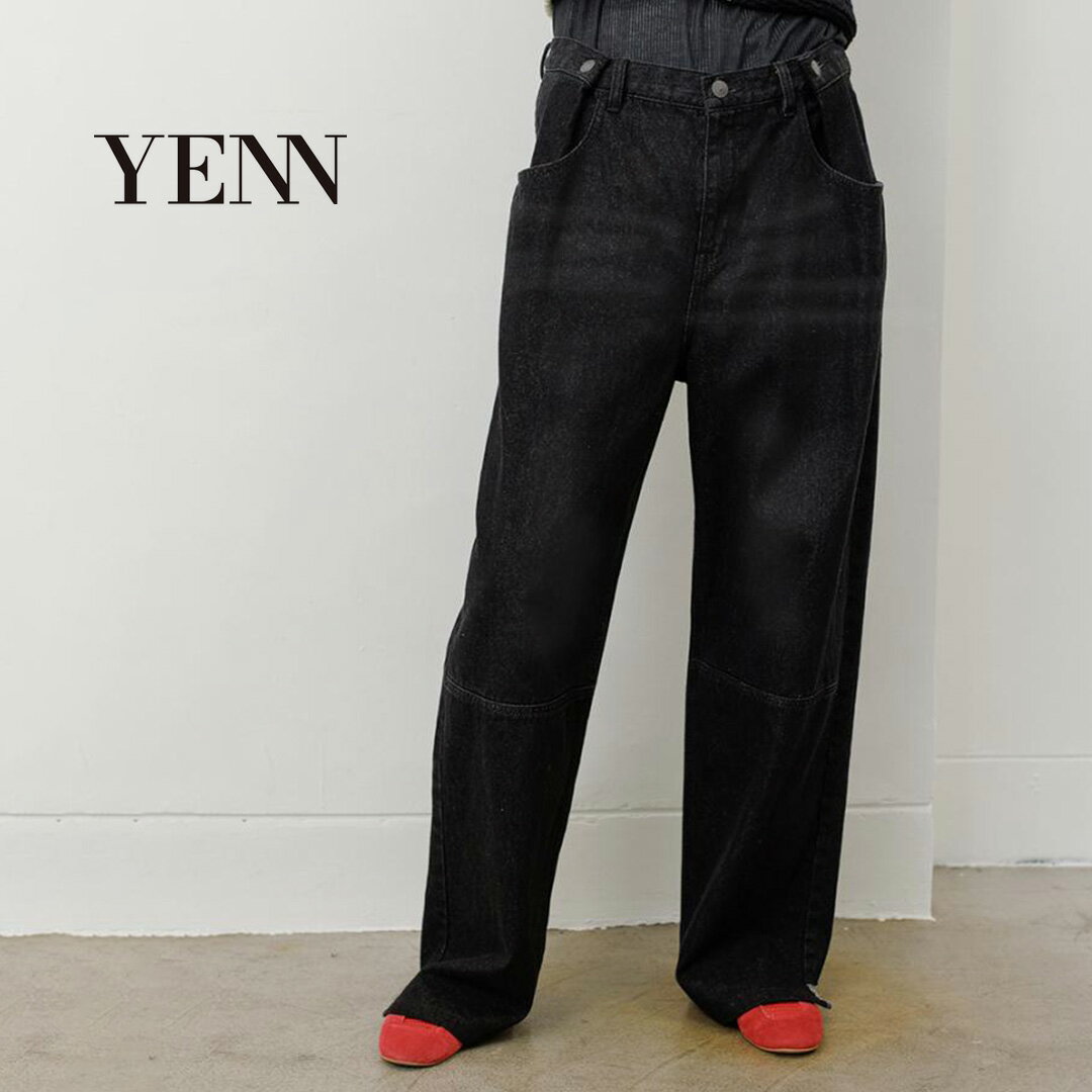 【予約販売：8月上旬発送予定】YENN（イェン） タックベルト デザイン パンツ / レディース ブラックデニム ジーンズ ワイド 綿100％ コットン TUCK BELT DESIGN PANTS PREFALL