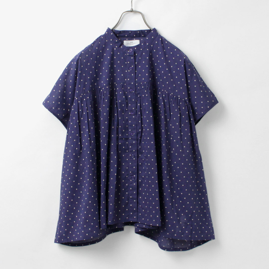 【10％OFFクーポン対象】SOIL（ソイル） コットンボイル ドットプリント バンドカラーシャツ / レディース トップス ブラウス インド綿 コットン フレンチスリーブ 半袖 総柄 80s COTTON VOILE DOT PRINT BANDED COLLAR / pl2
