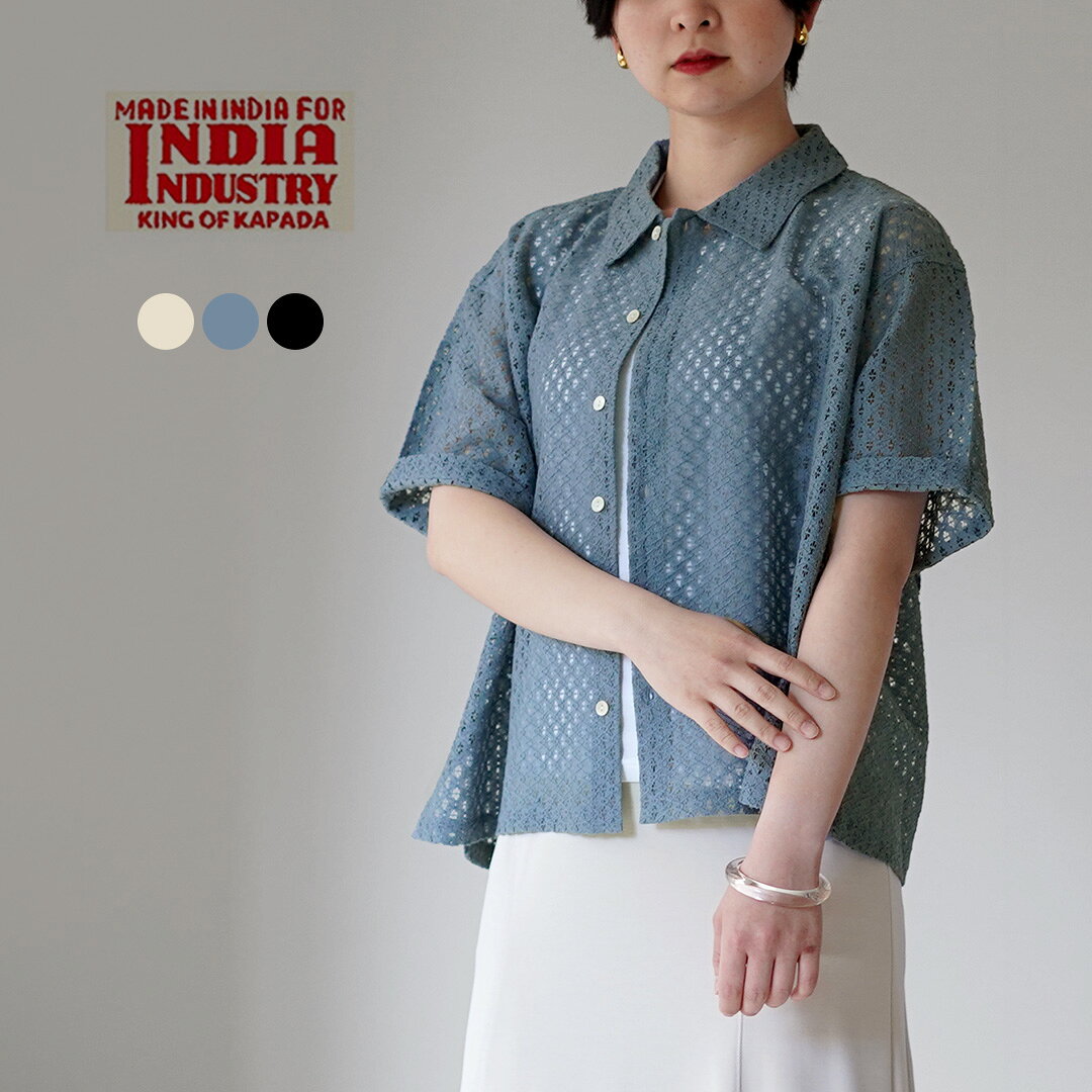 乐天商城 - 【10％OFFクーポン対象】INDIA INDUSTRY（インディアインダストリー） シャンブレー ショートスリーブ シャツ / レディース 透かし編み シアー 半袖