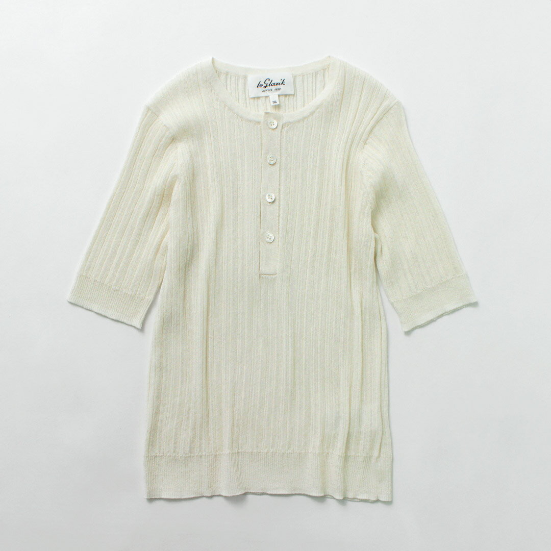 【8％OFFクーポン対象】LE GLAZIK（ル グラジック） シアー ヘンリーネック プルオーバー / レディース トップス Tシャツ 5分袖 半袖 シースルー HENLEY NECK PULLOVER