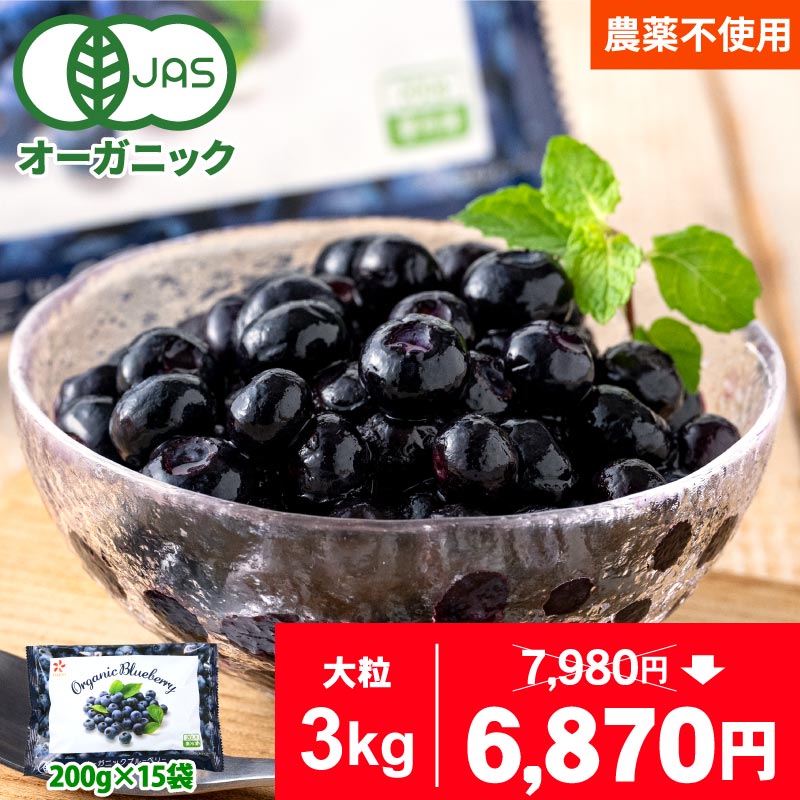 オーガニック 冷凍 ブルーベリー 3kg（200g×15パック） 無農薬 有機JAS認証 大容量 お徳用 業務用 メガ..