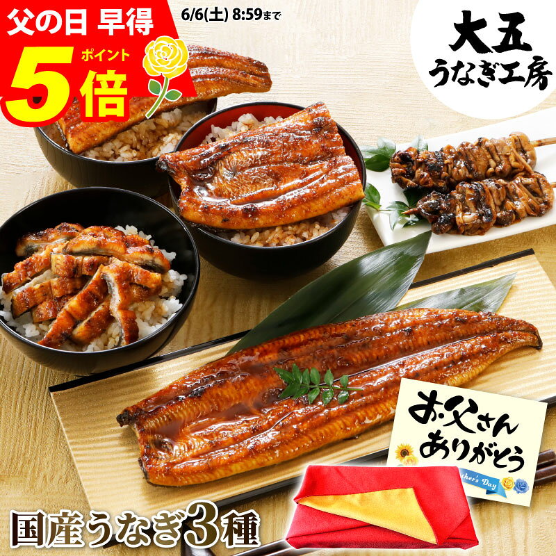 早得 ポイント5倍！ 父の日 ギフト うなぎ 国産 蒲焼き 3種セット 長蒲焼1尾＆カット蒲焼2枚＆きざみうなぎ1パック 焼き肝串プレゼント 国産 蒲焼 御中元 お中元 内祝 御礼 御祝 お返し 誕生日 お祝い 結婚内祝い 熨斗 のし 風呂敷 グルメ 鰻 ウナギ 自社製造