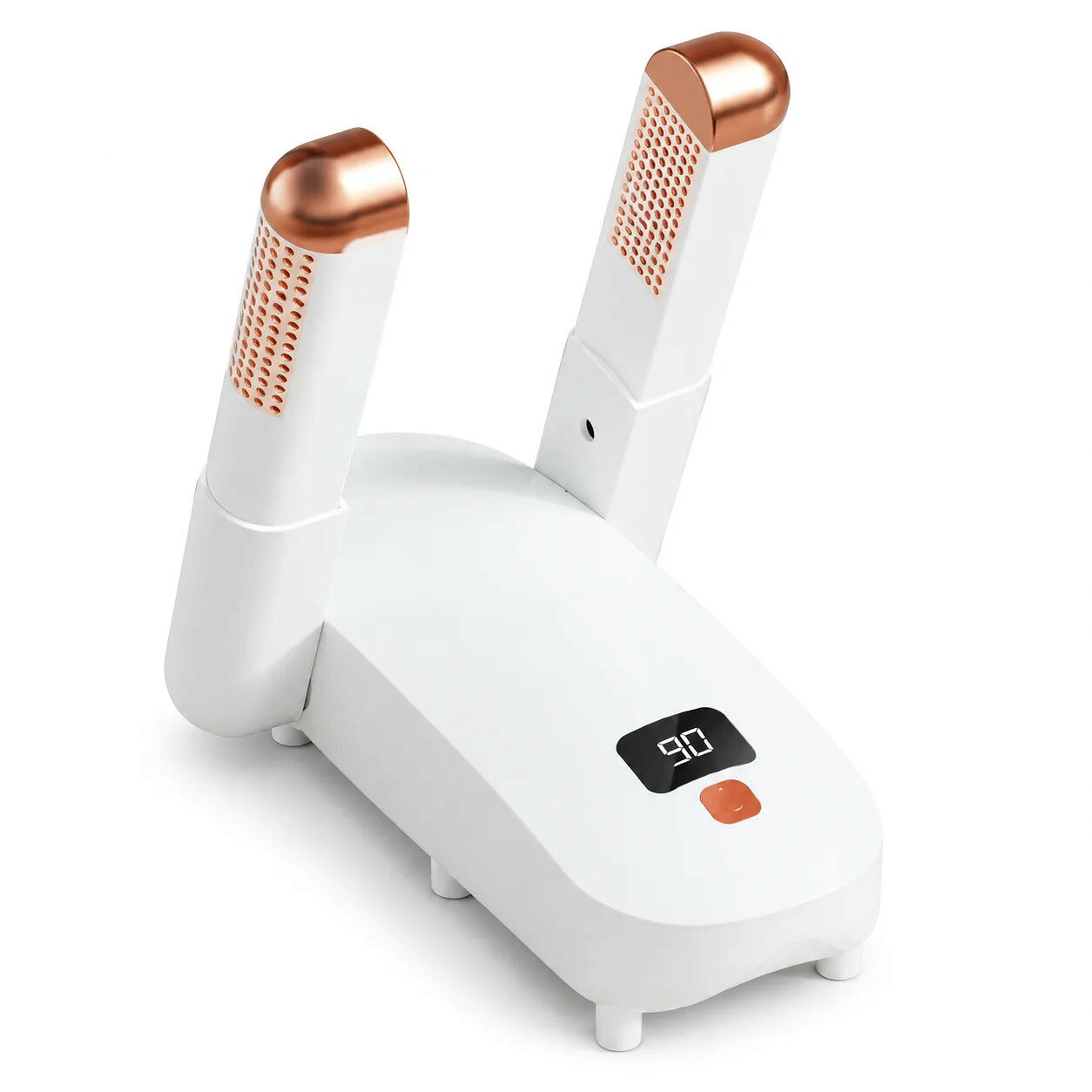 【レビュー投稿で次回使える300円OFFクーポン】1,200円以上のお買い物で使えるクーポンを、商品到着後にレビューをご投稿いただいた方全員に進呈します（評価の内容は問いません・お一人様1回）。到着後にお送りするメールにご返信いただくだけでお申し込みいただけます（お問い合わせからも承ります）。■梅雨も雨の日も、帰宅後の靴をそのままケア靴乾燥機 くつ乾燥機 シューズドライヤー。濡れたスニーカー、通勤の革靴、部活の運動靴、長靴やブーツの内側まで温風を届ける家庭用の靴乾燥機です。2本のアームを靴に差し込んで電源を入れるだけの簡単操作。玄関・寝室・リビングに置きやすいコンパクト設計で、梅雨の湿気対策、帰宅後のニオイ対策、翌朝履きたい一足の準備までこれ一台。日本仕様プラグ・PSE取得済みで、ご家庭のコンセントにそのままお使いいただけます。■UVライト＋温風のダブルアプローチアーム先端のUVライトと温風で、靴の中にこもった湿気とニオイの元にアプローチします。360°に広がる立体的な温風循環により、つま先・かかと・甲まわりまで、片側だけに偏らず内側全体を乾かしやすい構造です。■最長120分、4段階のタイマー30分・60分・90分・120分の目安で使い分けできるタイマー付き。軽く湿った靴は短時間、長靴や厚手の靴下は長めにと、状態に合わせて調整できます。つけっぱなしを避けたい就寝前や外出前にも使いやすい仕様です。恒温設計により、靴への熱負担に配慮しながら乾燥を進めます。■折りたたみ収納・約30cmまで伸縮使わないときはアームを折りたたんで引き出しや棚にすっきり収納。使うときはアームを伸ばして約30cmまで対応するので、短靴・スニーカー・革靴から長靴・ブーツ、靴下まで、形の違うアイテムに合わせられます。■放熱に配慮したABS樹脂ボディ本体は高品質ABS樹脂を採用。底面とアーム周辺に放熱構造を設け、熱がこもりにくいよう配慮しました。■こんなシーンに梅雨・長雨の湿気対策／急な雨で濡れた通勤靴／部活やスポーツ後の運動靴／子どもの上履き・長靴／冬のブーツのムレ対策／来客前の玄関のニオイ対策■ご使用上の注意・本製品は2本アーム・1足分の乾燥に対応した、単品1台入りです。・泥や水分が多く付いた靴は、汚れと余分な水分を落としてからご使用ください。・熱に弱い素材、特殊加工、装飾の多い靴は、短時間から様子を見てご使用ください。・使用後は電源を切り、十分に冷ましてからアームを折りたたんで収納してください。【仕様】本体材質：ABS樹脂／セット内容：本体1台／アーム：2本（1足分）／伸縮：約30cmまで／タイマー：30・60・90・120分／機能：UVライト・温風・恒温／電源仕様：日本仕様プラグ（PSE取得済み）／原産国：中国【送料・保証】全品送料無料でお届けします。1年保証付きです。