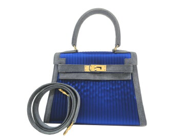 【中古】【美品】HERMES エルメス プリーツミニケリー 外縫い ヴォーべロア（ドブリス）×サテンシルク ブルー×グレー ゴールド金具 C刻印□ ヴィンテージ ハンドバッグ ショルダーバッグ 2WAYバッグ 青 スウェード レディース 女性用 希少 レア バック ブランド