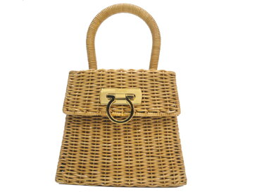 【美品】FERRAGAMO フェラガモ ガンチーニ ハンドバッグ ストロー ナチュラル(ライトブラウン) ゴールド金具 中古 カゴバッグ 茶色 レディース 女性用 パーティバッグ ブランド プレゼント ギフト 希少 レア バック