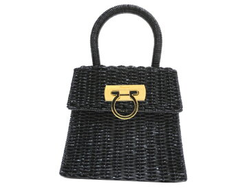 【極美品】FERRAGAMO フェラガモ ガンチーニ ハンドバッグ ストロー ブラック ゴールド金具 中古 カゴバッグ 黒 パーティバッグ レディース 女性用 ブランド プレゼント ギフト 希少 レア バック