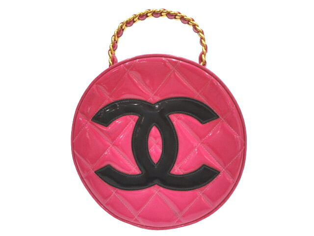 【中古】CHANEL シャネル ココマーク ラウンドバニティ パテントレザー（エナメル）ピンク×ブラック ゴールド金具 ヴィンテージ ハンドバッグ 化粧用ポーチ レディース 女性用 ブランド 本革 希少 レア バック