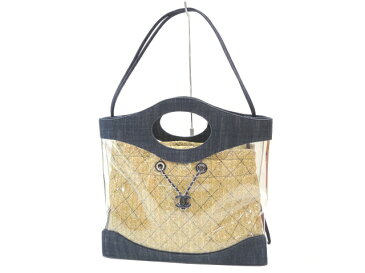 【極美品】CHANEL シャネル ココマーク 2WAYショルダーバッグ デニム×ビニール×ラフィア ブルー×クリア×ナチュラル シルバー金具 中古 ハンドバッグ トートバッグ レディース 女性用 ブランド 希少 レア プレゼント ギフト バック