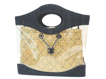 【極美品】CHANEL シャネル ココマーク 2WAYショルダーバッグ デニム×ビニール×ラフィア ブルー×クリア×ナチュラル シルバー金具 中古 ハンドバッグ トートバッグ レディース 女性用 ブランド 希少 レア プレゼント ギフト バック