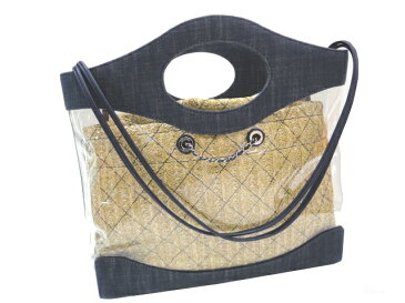 【極美品】CHANEL シャネル ココマーク 2WAYショルダーバッグ デニム×ビニール×ラフィア ブルー×クリア×ナチュラル シルバー金具 中古 ハンドバッグ トートバッグ レディース 女性用 ブランド 希少 レア プレゼント ギフト バック