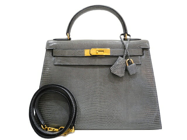 【100%本物保証】【送料無料】【Aランク】【美品】HERMES エルメス ケリー28 外縫い リザードリセ グレー ゴールド金具 U刻印〇 ヴィンテージ 中古 ハンドバッグ ショルダーバッグ 2WAYバッグ レディース 女性用 ブランド 本革 エキゾチックレザー 希少 レア プレゼント ギフト バック