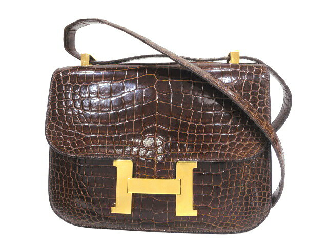【美品】HERMES エルメスコンスタンス23 ポロサスリセ ダークブラウン ゴールド金具 E刻印○ ヴィンテージ クロコダイル 中古 ショルダーバッグ ハンドバッグ レディース 女性用 ブランド 茶色 本革 エキゾチックレザー 希少 レア プレゼント ギフト バックのサムネイル