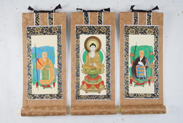 ■最小サイズ■お仏壇用お掛け軸■京都製上物仕立て■高級緞子掛軸「曹洞宗用本尊脇侍セット」ミニ寸