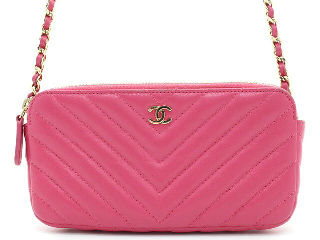 CHANEL　シャネル　チェーンウォレット　ポシェット　クラッチバッグ　Vステッチ　ラムスキン　ピンク　ゴールド 　【474】 【中古】【大黒屋】のサムネイル