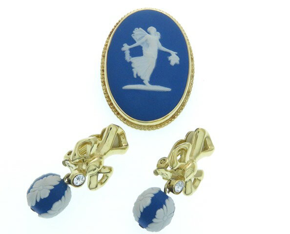 WEDG WOOD　ウェッジウッド　アクセサリー　ジャスパーブローチ・イヤリングセット　ブルー　GP/陶器　【435】 【中古】【大黒屋】