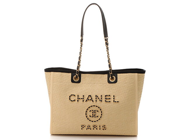 CHANEL　シャネル　バッグ　ドーヴィルMM　ナチュラル/ブラック/GP（ゴールド金具）　ラフィア/カーフ　A67001B05086NB58　【472】AH 【中古】【大黒屋】のサムネイル