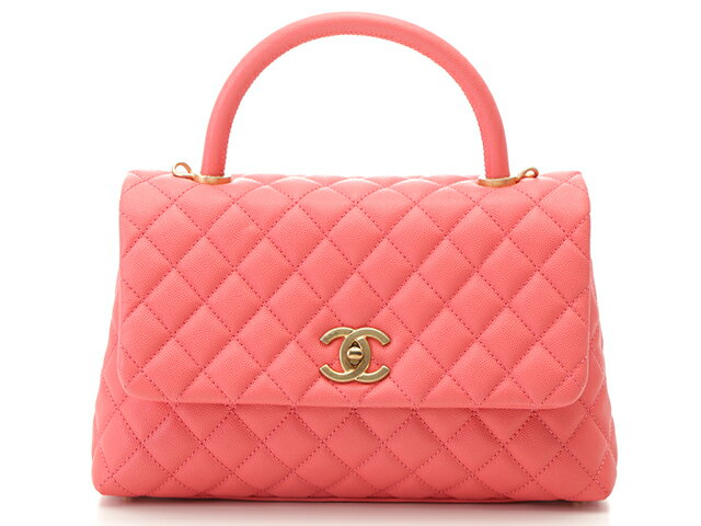 CHANEL　シャネル　ショルダーバッグ　トップハンドル　フラップバッグ　コーラルピンク　キャビア　金具ゴールド　【472】HG 【中古】【大黒屋】のサムネイル