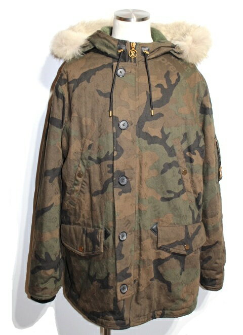 LOUIS VUITTON×SUPREME　ルイヴィトン　シュプリーム　ジャガード デニム N-3B コート　メンズ54　コットン　迷彩　カモフラ　カーキ　（2143200402712）【200】 【中古】【大黒屋】