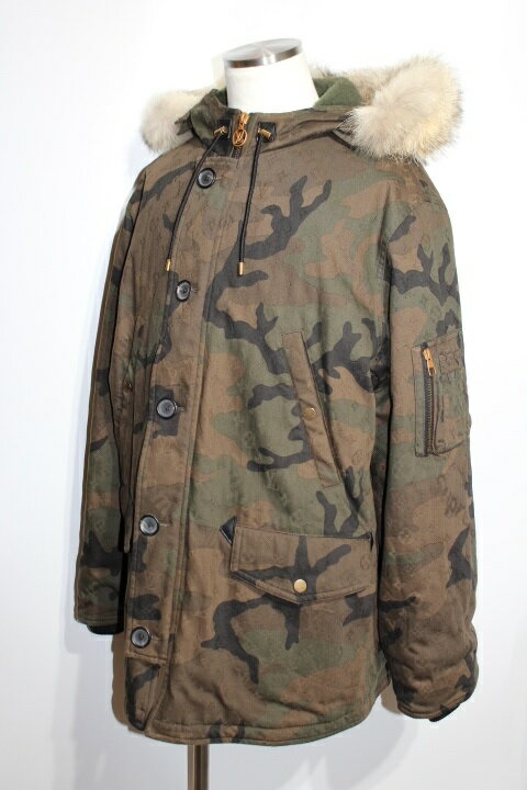 LOUIS VUITTON×SUPREME　ルイヴィトン　シュプリーム　ジャガード デニム N-3B コート　メンズ54　コットン　迷彩　カモフラ　カーキ　（2143200402712）【200】 【中古】【大黒屋】