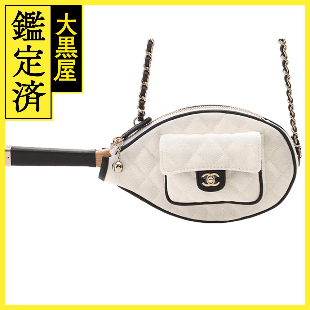 CHANEL シャネル　チェーンクラッチ　ミラーツキ　ホワイト／ブラック／SV　コットンキャンバス／【472】 【中古】【大黒屋】