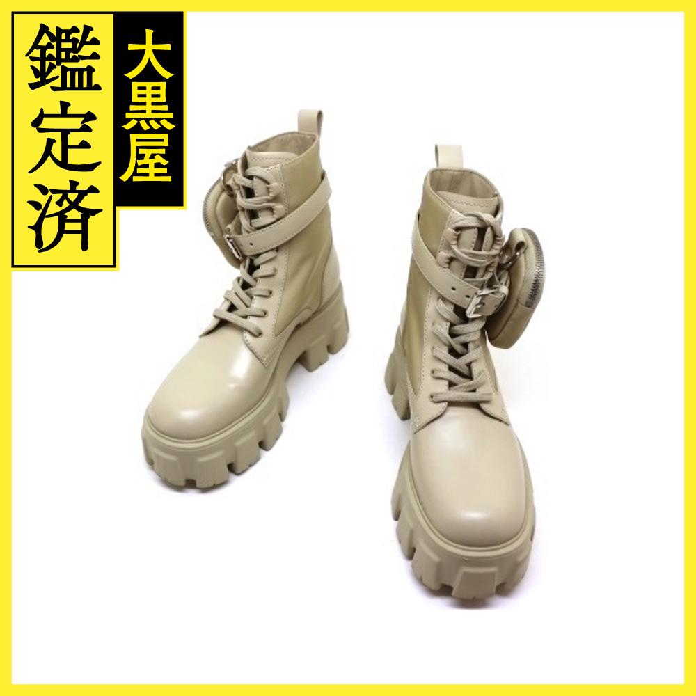 PRADA　プラダ　靴　モノリスショートブーツ　レディース38　サンドベージュ　レザー　ナイロン　1T255M　2148103573774　【200】 【中古】【大黒屋】