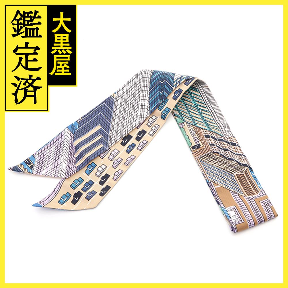 HERMES　エルメス　ツイリー　PANTIN CITY　ベージュ／ブルー　シルク【472】2143300199697 【中古】【大黒屋】