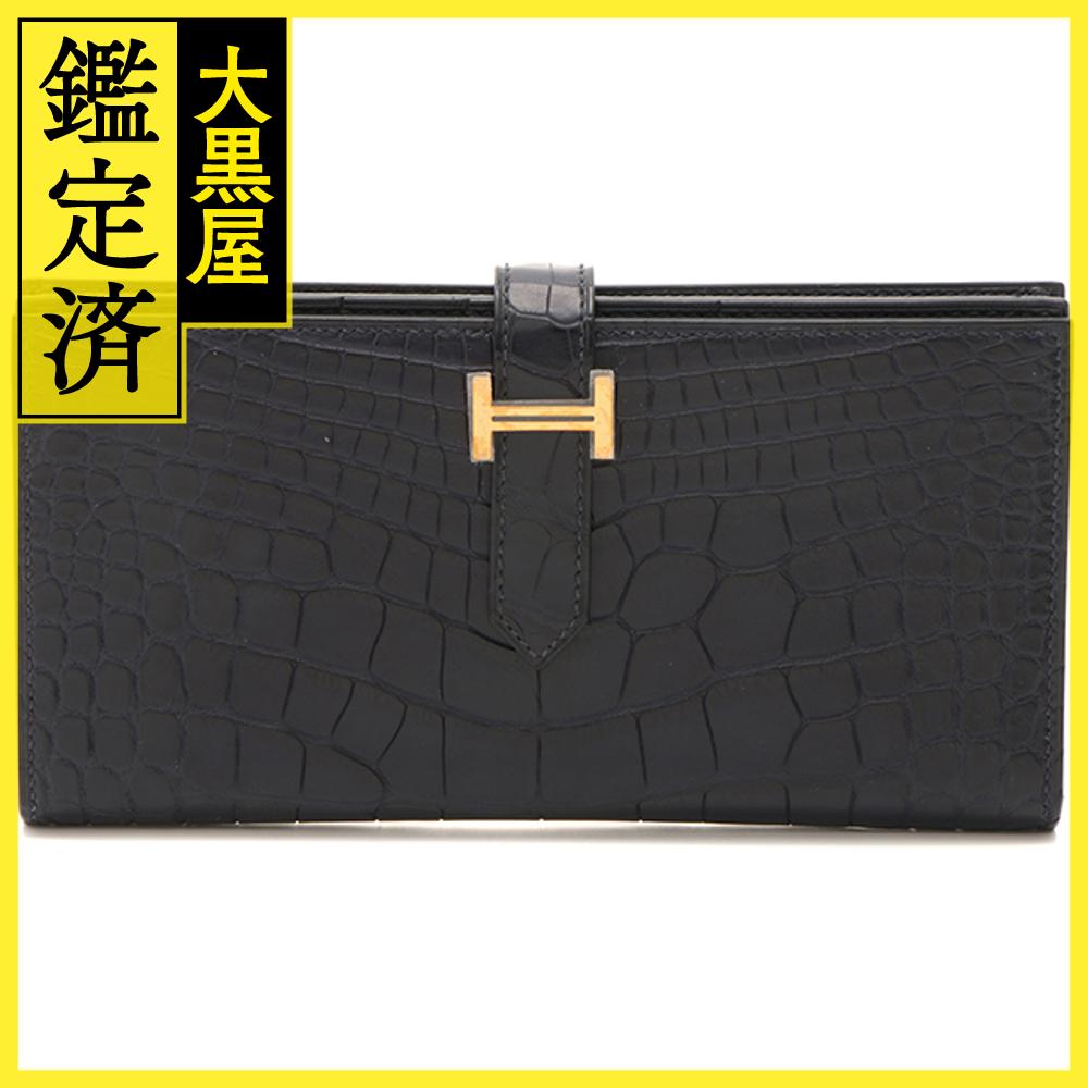 HERMES　エルメス　長財布　　ベアンスフレ アリゲーターマット/ブルーマリン/GP金具　C刻印　2018年頃製造　CITES(輸出証明書)　ショップカード2018年スタンプ【472】KS 【中古】【大黒屋】