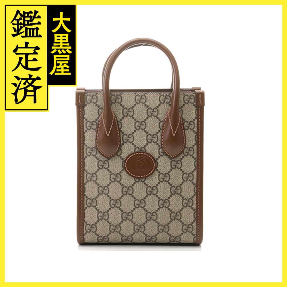 GUCCI　グッチ　ショルダーバッグ　インターロッキングG付き　ミニトートバッグ　ベージュ　ブラウン　コーティグ　キャンバス　レザー【471】A 【中古】【大黒屋】