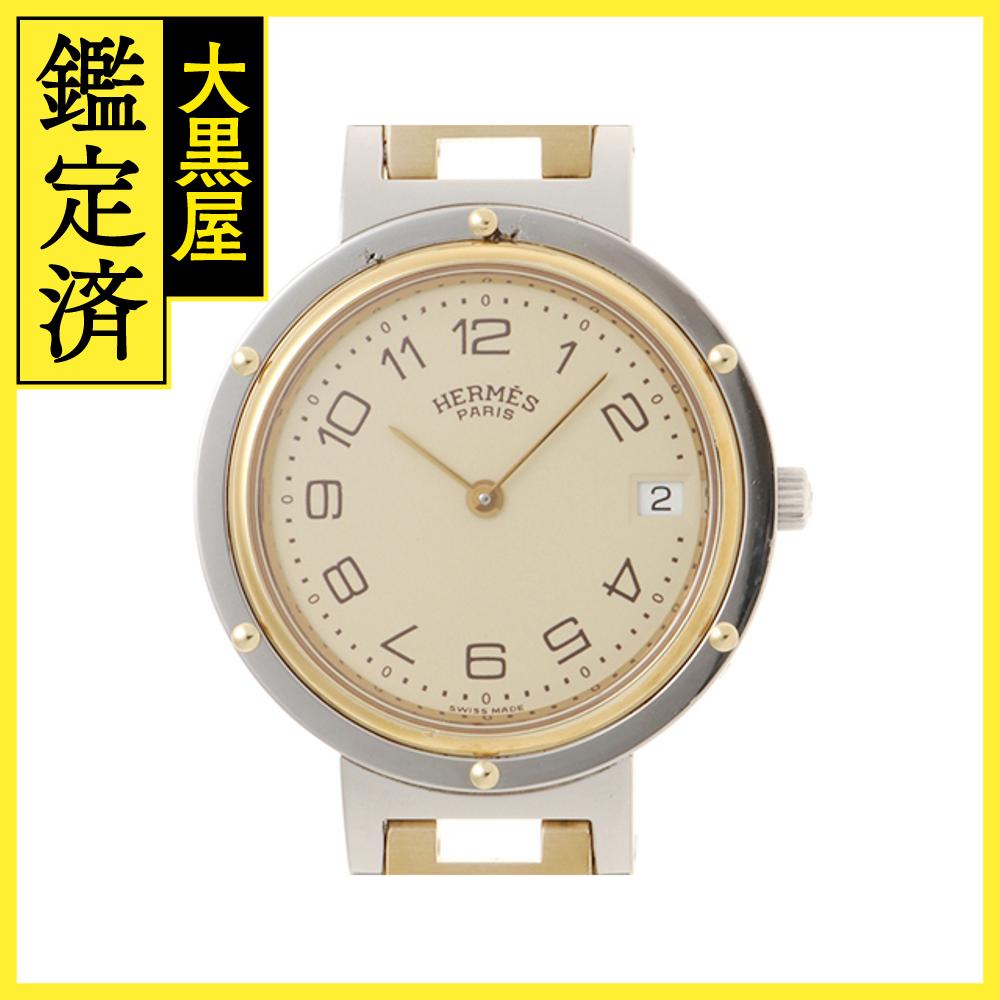 HERMES エルメス クリッパーコンビ アイボリー文字盤 GP/SS クオーツ メンズ時計 2148103788949【207】【中古】【大黒屋】