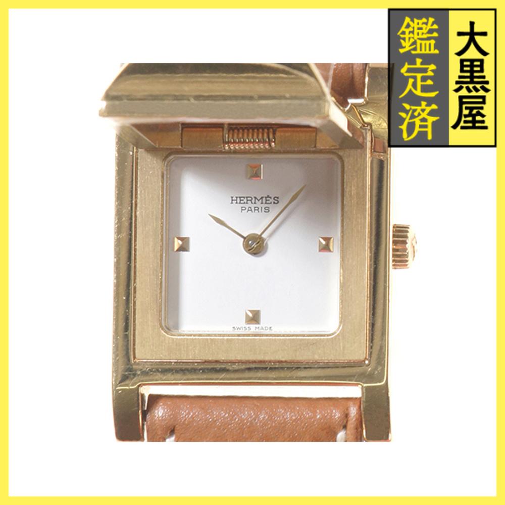 HERMES エルメス メドール ME1.201 ゴールドメッキ/レザー ホワイト文字盤 クォーツ レディース 腕時計 K 【200】2120700020608 【中古】【大黒屋】(2)