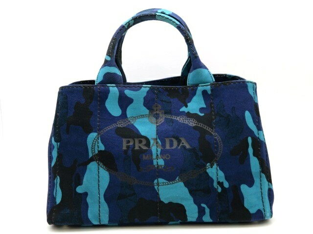 PRADA プラダ バッグ ハンドバッグ カナパ キャンバス ロイヤルブルー ブラック 迷彩 カモフラージュ【473】【中古】【大黒屋】のサムネイル