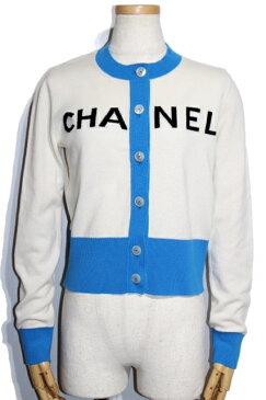 【送料無料】CHANEL シャネル カーディガン レディース 36 カシミヤ ホワイト ブルー ココマーク P61427K46799 定価￥312,400- 2019年 19S【432】【中古】【大黒屋】