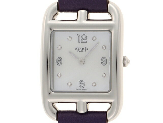 【送料無料】HERMES 　エルメス　時計 　ケープコッド 　クオーツ 　ケープコッド　ステンレス×革ベルト(紫)　ホワイトシェル文字盤　8Pダイヤモンド【472】【中古】【大黒屋】のサムネイル