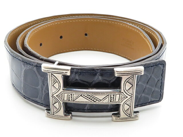 HERMES　エルメス　ベルト　トゥアレグコンスタンスベルト　クロコダイルポロサス　ブルー　ナチュラル　シルバー金具　85cm　□M刻印　2009年製　【205】【中古】【大黒屋】のサムネイル