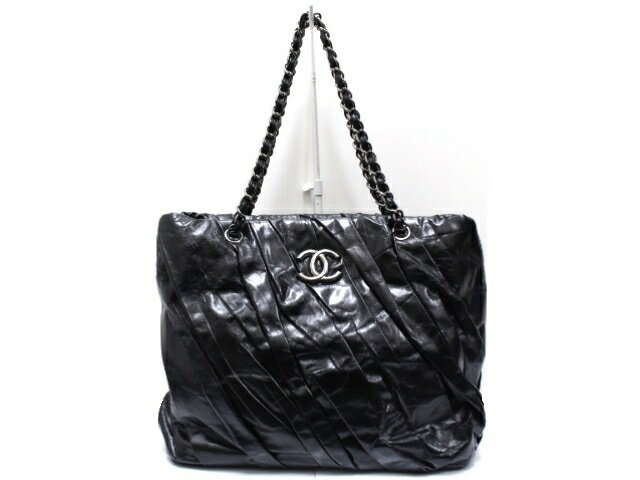 【送料無料】CHANEL　シャネル　チェーンショルダートートバッグ　レザー　ブラック　シルバー金具　【474】【中古】【大黒屋】