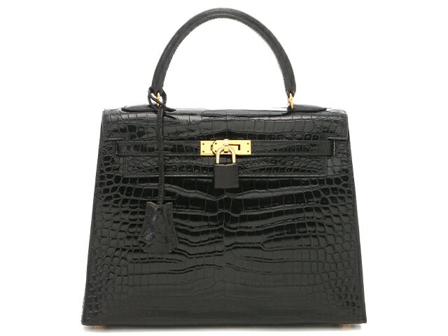 【送料無料】HERMES エルメス　ケリー25 クロコダイルポロサス　ブラック×GP【430】【中古】【大黒屋】のサムネイル