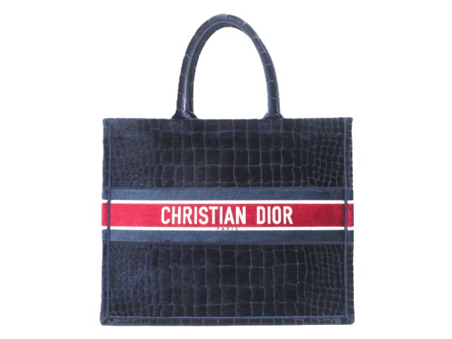 Dior ディオール バッグ クロコ柄 ブックトート ラージ ネイビー/レッド/ホワイト ベロア バッグ トートバッグ ベロア ホワイト ユニセックス【中古】