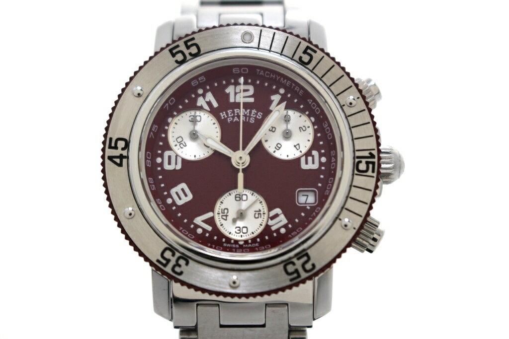CARTIER - HERMES エルメス クリッパーダイバー クロノ CL2.318 腕時計 ステンレススチール クオーツ ボルドー文字盤 レディース 2148103984341 【200】【中古】