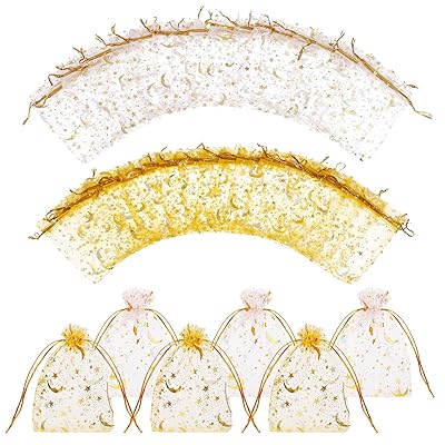 ラッピング 袋 オーガンジー 巾着袋 約50枚入 ギフトバッグ 星と月 可愛い 透明 無地 小物入れ 小分け袋 ジュエリー 収納 ギフト プレゼント 包装用 誕...