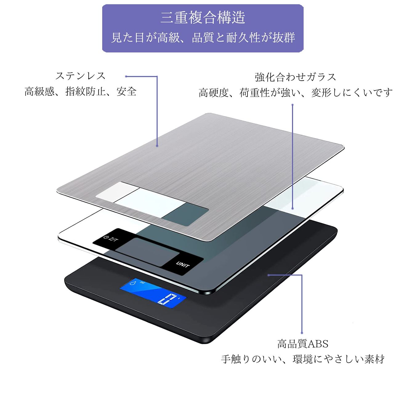 BOMATA(ボマタ) はかり デジタル 1g単位 20kg 表面防水 防汚 ミルク mlモード付き 最新の設計と工芸 ステンレスと強化ガラスの複合構造 高級な外観 耐久 風袋引付き キッチンスケール 測り （料理 お菓子 小型ペット荷物 封筒） B610 B 20kg 乾電池式 2