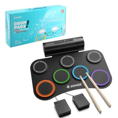 Donner 電子ドラムセット ロールアップ ドラムパッド スピーカー内蔵 2WAY給電 MIDI 録音機能 デモ12曲 9リズム 子供 初心者 フットペダル スティック オーディオ USBケーブル 日本語取扱説明書付 DED-20R