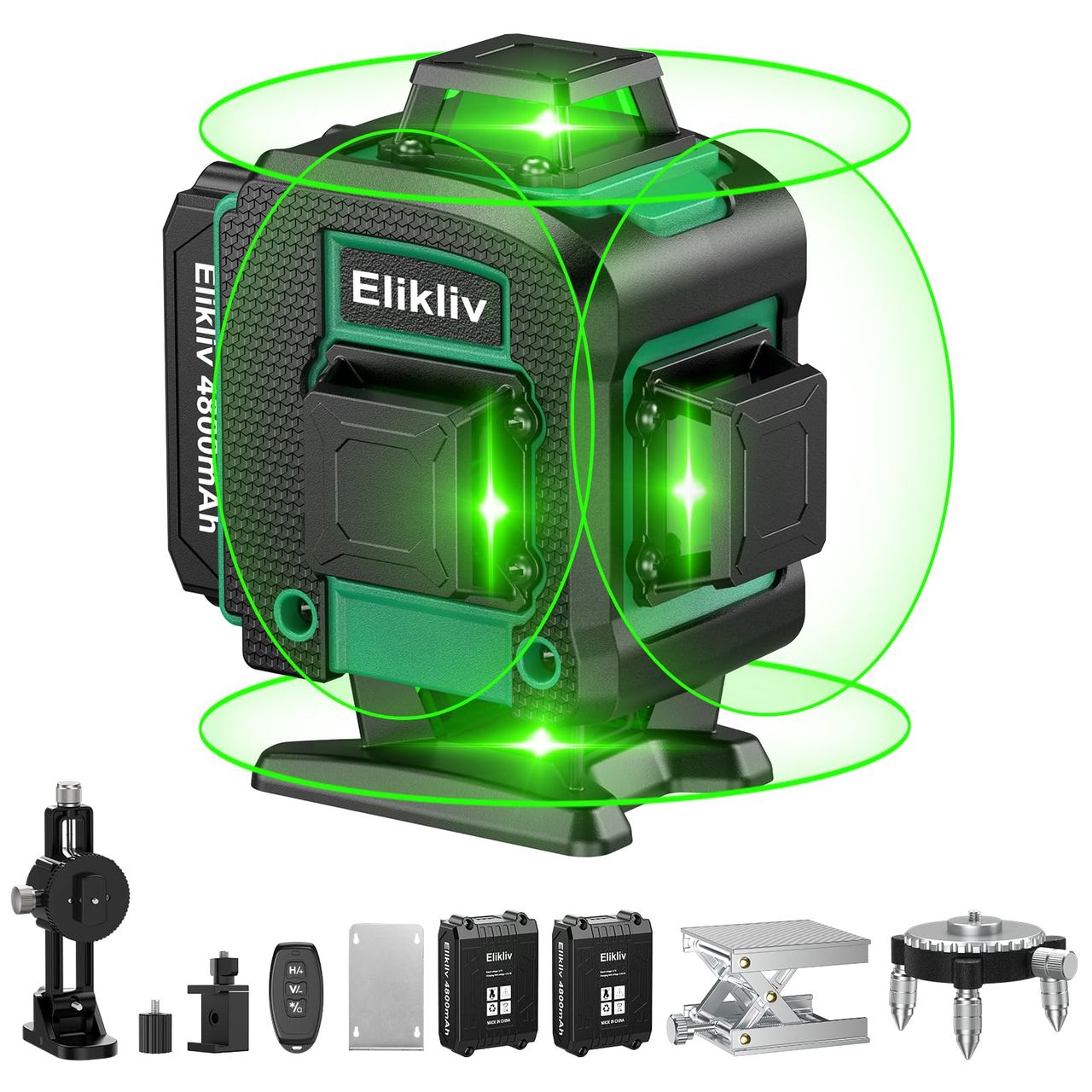 Elikliv レーザー墨出し器 4x360° グリーン レーザー緑色 フルライン 水平器 16ライン 4D 水準器ツール 高輝度 30メートル作業範囲 自動補正 無段階輝度調整 LCDバッテリー残量表示 回転レーザー線 軽天作業 測量建築 DIY 軽量 小型 高出力 充電式 リモコン付き 屋内屋