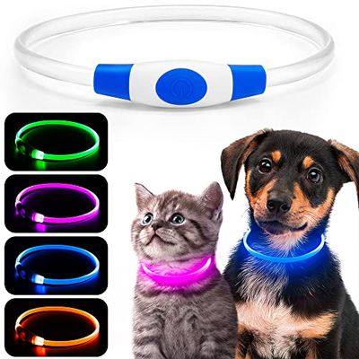 iTayga 犬 猫用LED光る首輪, ライトUSB充電式,長さ可調節,ナイロン 光る首輪,小型犬用安全犬用ライトナイトウォーキング用装着簡単 柔らかい 軽量 サイズ調整可能 【視認距離500mで夜間も安心】（Feichi JP はiTaygaの商品を唯一販売店です） (ブルー-01)