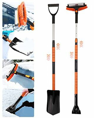 Jiooy スノーブラシ 車 最大140cm 4in1多機能 除雪ブラシ 雪かき 車用スノーブラシ 伸縮 スノースクレーパー コンパクト 収納袋付き 除雪スコップ付き スキージ アイススクレーパー 車 雪下ろし 除雪 霜取り 氷取り除く 雪対策 ヘッド調整可能 SUV対応 (イエロー)