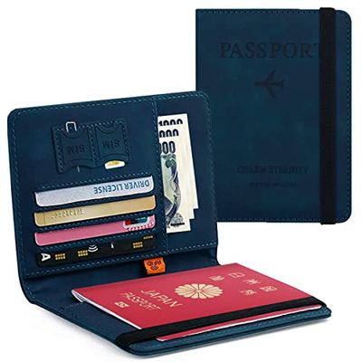 Hueapion パスポートケース スキミング防止 パスポートカバー 多機能収納ポケット パスポート カードケース ラベルウォレット 高級PUレザー 軽量 コンパクト おしゃれ 海外旅行 旅行用品 透明パスポートカバー付き (濃いブルー)