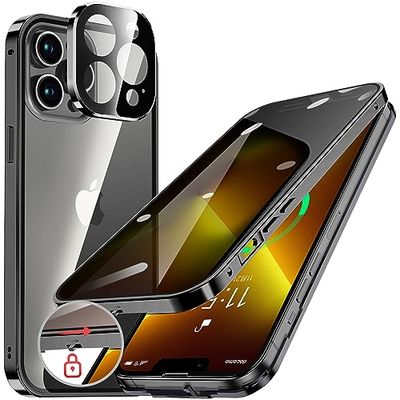 HGUTREY【覗き見防止・自動ポップアップボタン】 iPhone13 Pro Max 用 ケース 【ロック付き】【ストラップホール付き】一体型レンズ保..