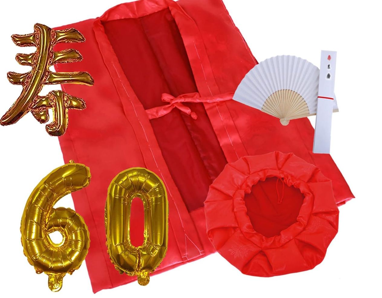 [HOHO AYUMU] 還暦祝い ちゃんちゃんこ 祝いセット バルーン付 中綿付 高級生地 地紋入綸子柄 古希 喜寿 傘寿 米寿 卒寿 (還暦祝い(赤))