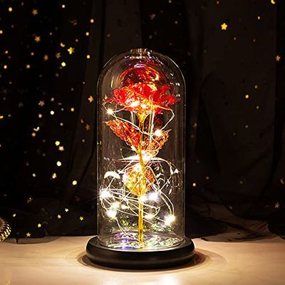 バラ 造花 Lechin 24Kゴールドローズ 枯れない花 金メッキローズ 造花 LEDライト付き電池式 薔薇 花束 プレゼントバラ バレンタインデー 母の日 お祝い 誕生日 結婚記念日 クリスマス 新年 退職 お祝いに適用 彼女への贈り物(赤いバラ+暖かい白LEDライト)