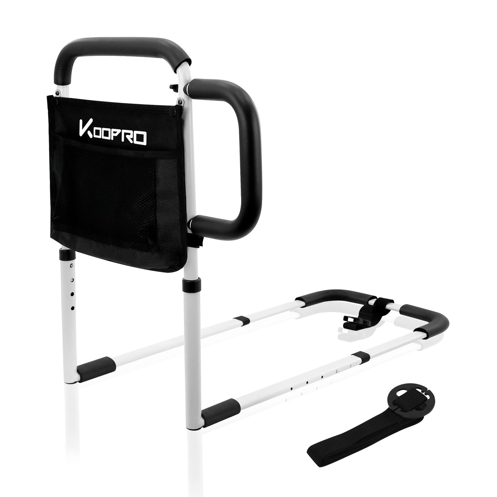 KOOPRO 新型 ダブル手すり ベッドガード 5段長さ 4段高さ調節可能 転落防止 柵 立ち上がり補助器具 ストラップ 小物整理バッグ付き 安定性 丈夫 大人 高齢者 介護用 組立簡単